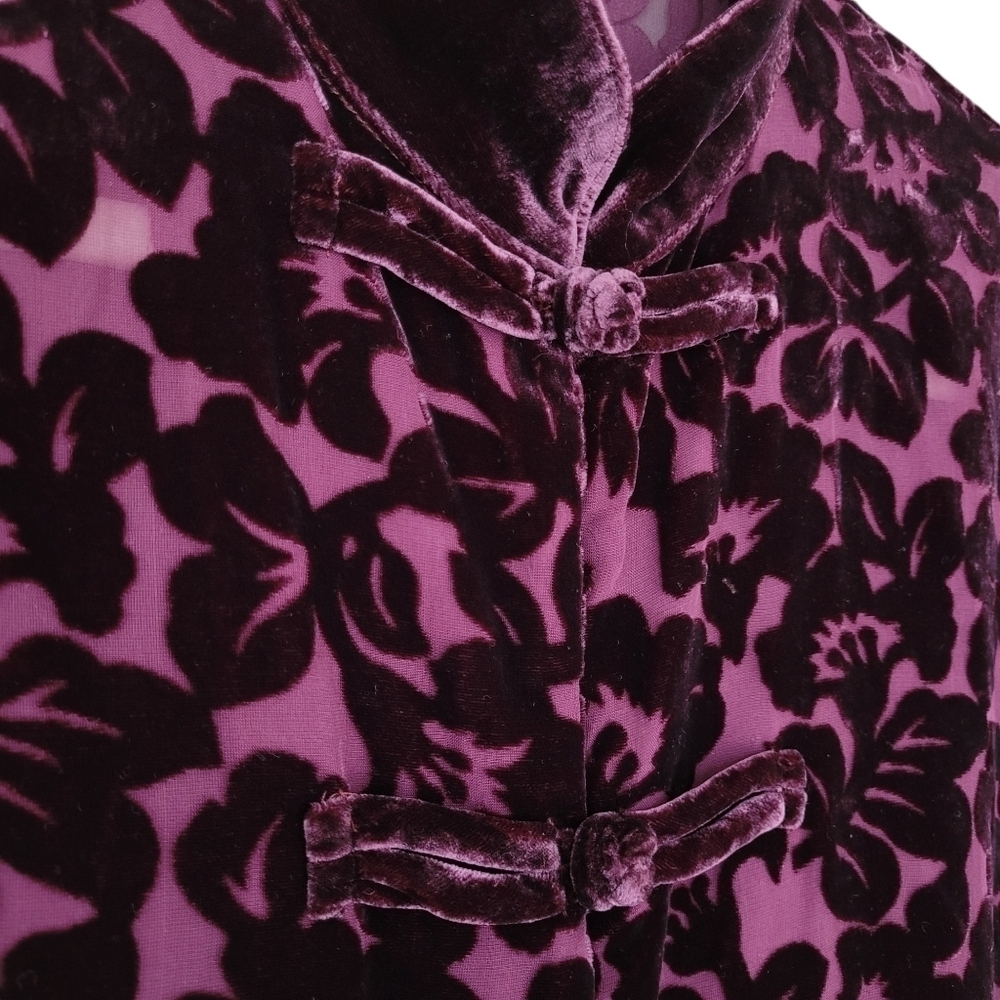 Burgundy Velvet Burnout Blouse Floral Design Asian Inspired Mandarin Collar - Picture 6 of 10